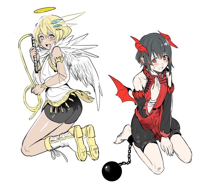 2boys :d angel angel_wings ass ball_and_chain_restraint bare_shoulders barefoot bike_shorts blonde_hair blue_eyes blush boots collar commentary_request dark_skin demon_boy demon_horns demon_wings erubo full_body halo horns male_focus multiple_boys open_mouth red_eyes simple_background smile sweatdrop whip white_background wings