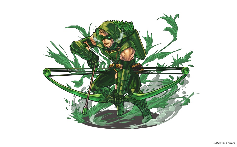 1boy arrow bow_(weapon) dc_comics domino_mask full_body green_arrow hood male_focus mask official_art puzzle_&amp;_dragons quiver smoke solo stubble weapon