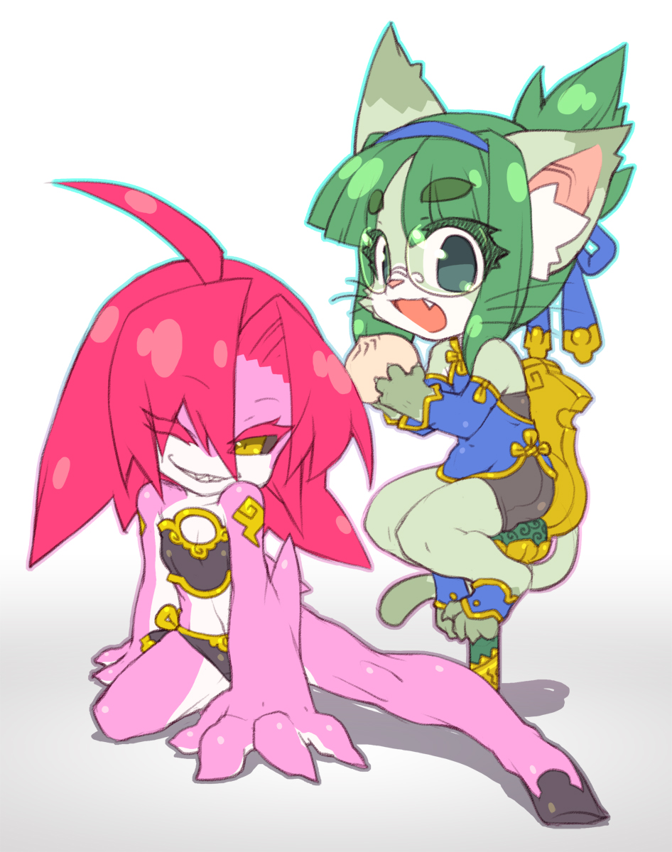 2girls borrowed_character cat copyright_request fang female furry glasses gradient gradient_background green_eyes green_hair long_hair looking_at_viewer multiple_girls nakagami_takashi open_mouth shark sharp_teeth short_hair susagane teeth white_background yellow_eyes