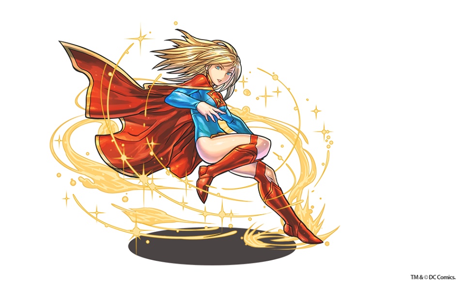 1girl aura blonde_hair boots cape dc_comics full_body knee_boots kryptonian leotard official_art puzzle_&amp;_dragons solo supergirl superman_(series)