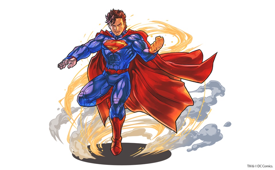 1boy belt black_hair bodysuit cape dc_comics emblem full_body kryptonian official_art puzzle_&amp;_dragons solo superman superman_(series)