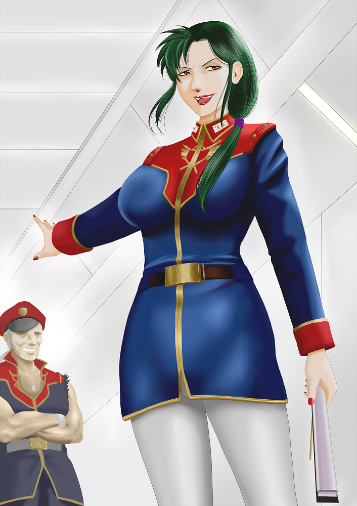 1boy 1girl 90s artist_request cima_garahau deatroaf_kocsel fan green_hair gundam gundam_0083 lipstick makeup military military_uniform uniform