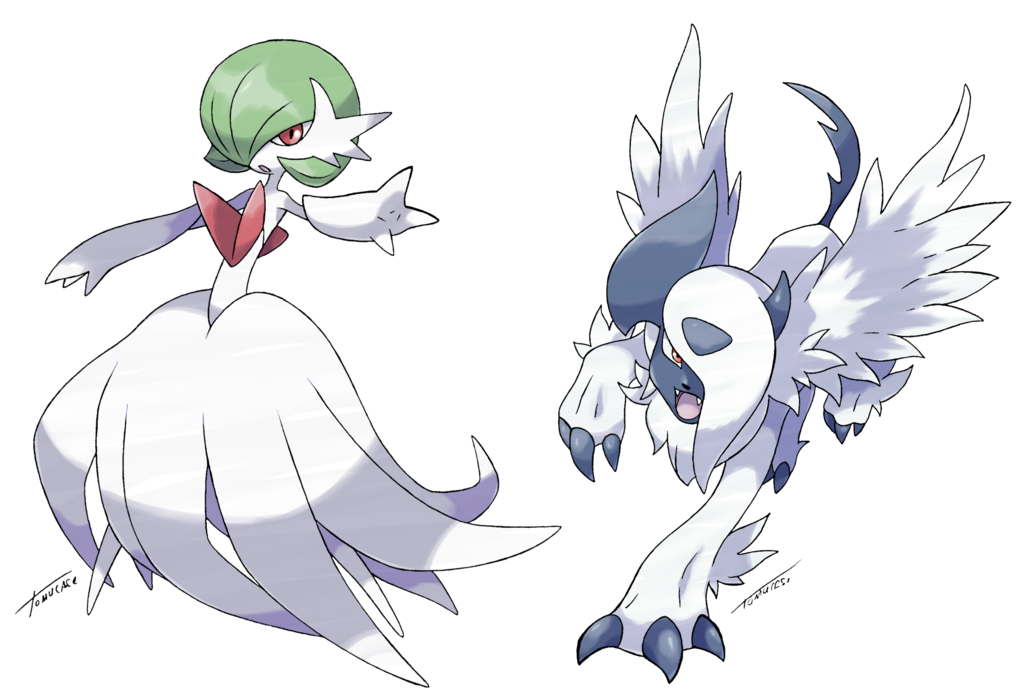 absol claws gardevoir green_hair horns mega_absol mega_gardevoir mega_pokemon nintendo no_humans official_style pokemon pokemon_(game) red_eyes simple_background solo