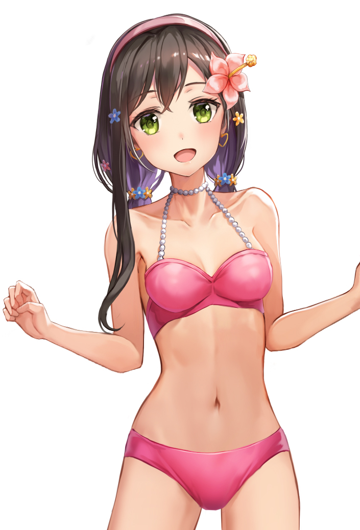 1girl :d bang_dream! bangs bare_arms bare_shoulders bikini black_hair blue_flower breasts collarbone commentary_request cowboy_shot eyebrows_visible_through_hair flower green_eyes hair_flower hair_ornament hairband hanazono_tae long_hair looking_at_viewer lunacle medium_breasts multicolored_hair navel open_mouth orange_flower pink_bikini pink_hairband purple_hair simple_background smile solo swimsuit two-tone_hair white_background