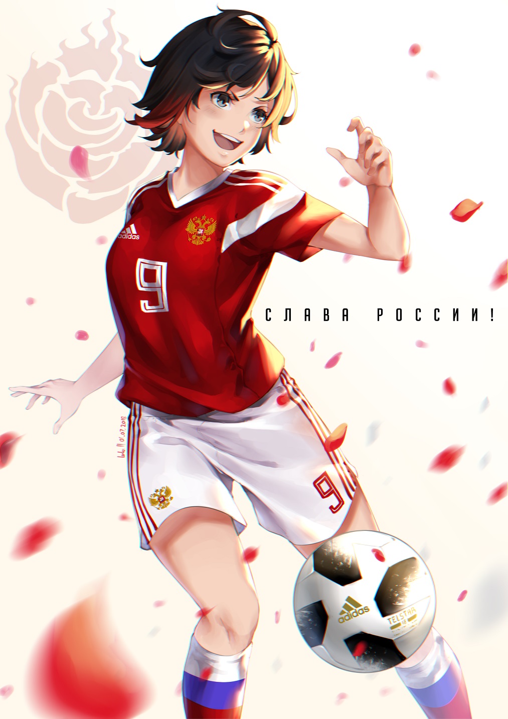 1girl 2018_fifa_world_cup adidas ball blush breasts cyrillic dated gradient grey_eyes highres jersey lulu-chan92 multicolored_hair open_mouth petals rose_petals ruby_rose russia rwby short_hair signature simple_background smile soccer soccer_ball soccer_uniform solo sportswear telstar_18 two-tone_hair world_cup