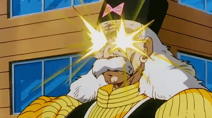 1boy 90s android android_20 animated animated_gif beam building city destruction dr_gero dragon_ball dragonball_z earrings emblem explosion facial_hair hat island jewelry laser long_hair male_focus mountain mustache old_man smoke solo suit vest window wrinkles
