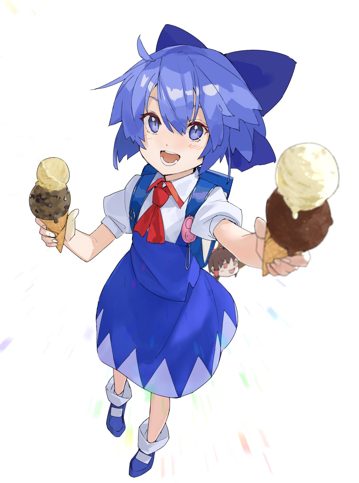 1girl :d arms_up backpack bag bangs blue_backpack blue_bow blue_dress blue_eyes blue_footwear blue_hair blurry blush bow chocolate_chip cirno collared_shirt commentary_request depth_of_field double_scoop dress food full_body hair_between_eyes hair_bow highres ice_cream ice_cream_cone kerchief looking_at_viewer offering open_mouth pikumin puffy_short_sleeves puffy_sleeves red_kerchief red_neckwear round_teeth shirt short_hair short_sleeves smile socks solo standing teeth touhou white_legwear white_shirt wing_collar