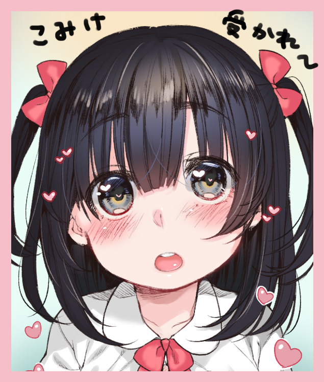 1girl bangs blue_eyes blush character_request child collarbone dancho_(dancyo) gradient gradient_background hair_between_eyes hair_ribbon heart heart-shaped_pupils open_mouth red_ribbon ribbon short_twintails solo symbol-shaped_pupils twintails