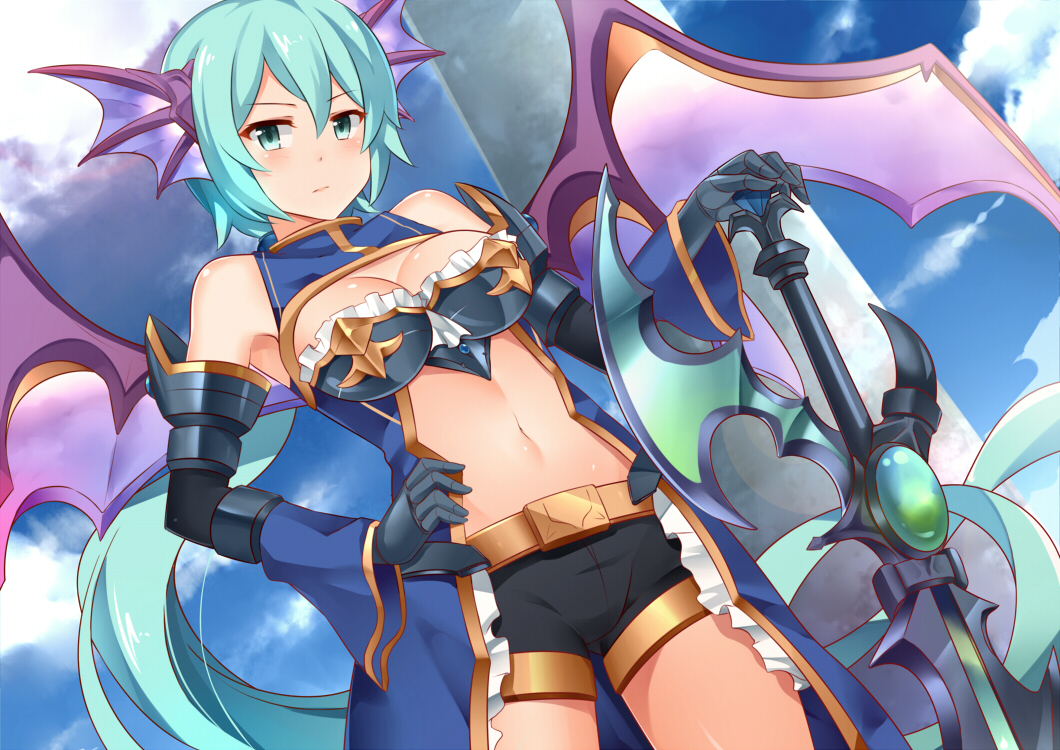 1girl aqua_eyes bare_shoulders belt blue_hair blush brave_frontier breasts closed_mouth expressionless female frills hand_on_hip head_wings holding holding_sword holding_weapon long_hair looking_at_viewer lucina_(brave_frontier) midriff mmrailgun navel ponytail shorts sky solo sword weapon wings