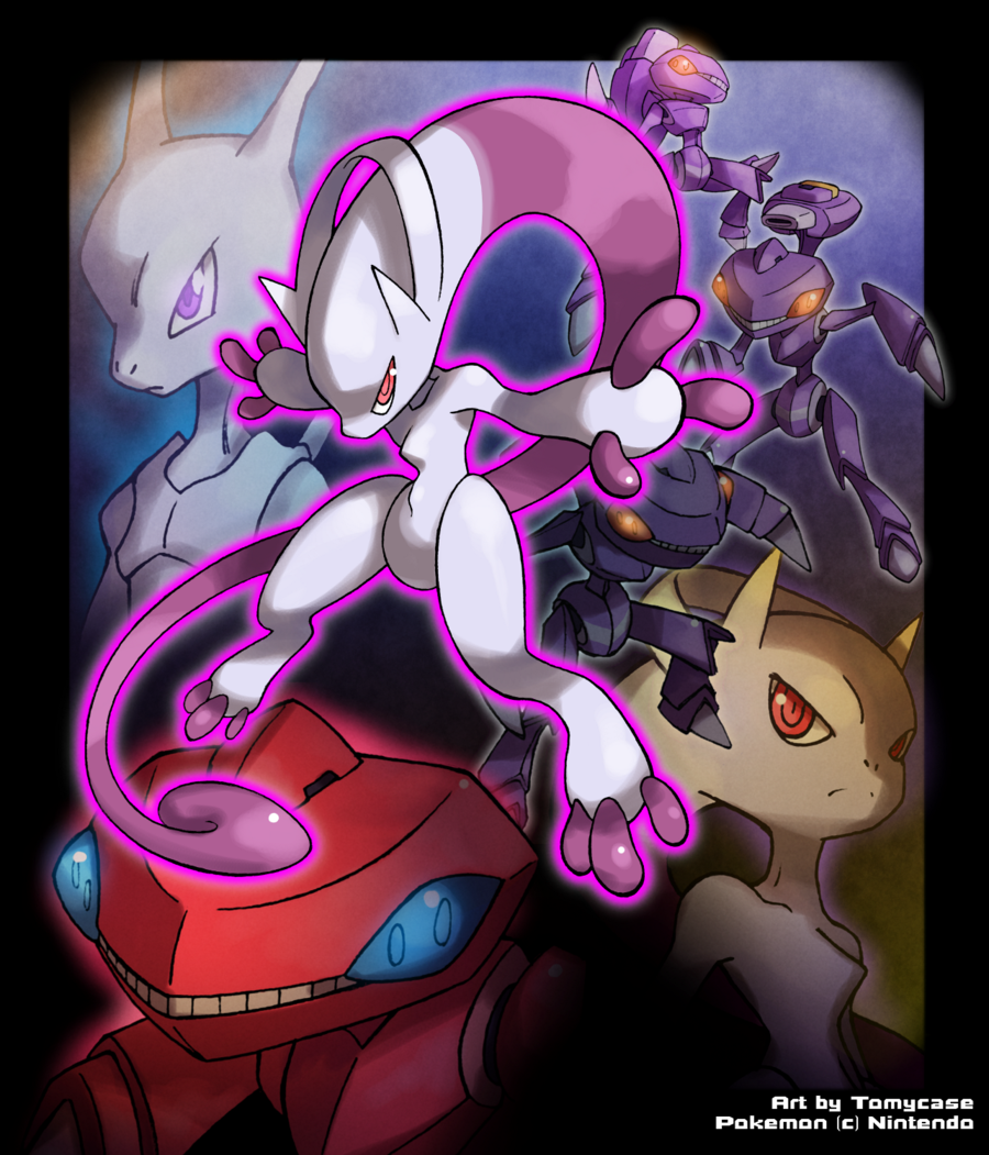 alternate_color border cannon claws genesect gradient gradient_background mega_mewtwo_y mega_pokemon nintendo no_humans official_style pokemon pokemon_(anime) pose red_eyes shiny_pokemon