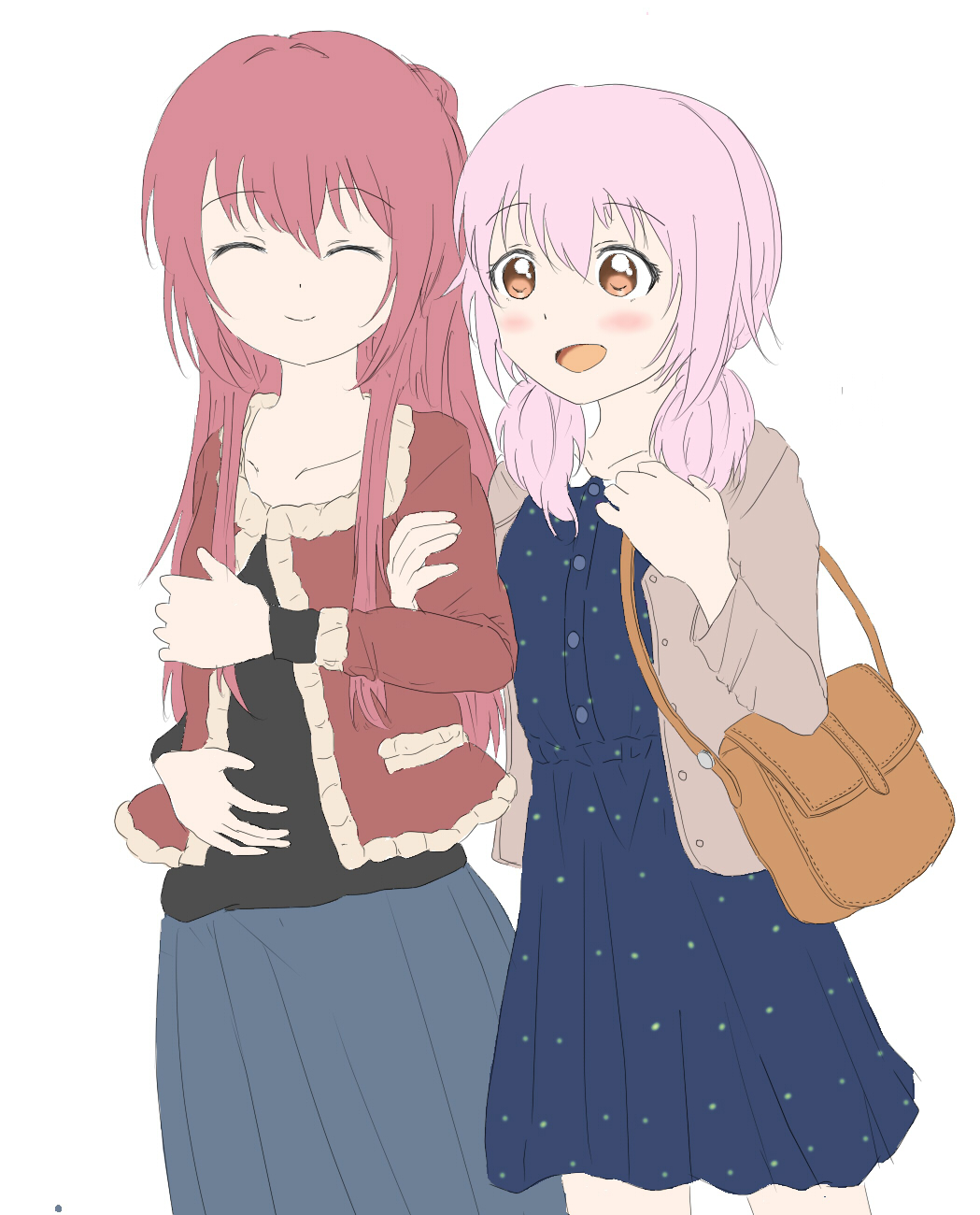 2girls :d akaza_akane arm_holding bag blue_dress blush brown_eyes buttons closed_eyes collarbone dress hair_between_eyes hand_on_own_chest handbag hands long_hair monochrome multiple_girls noe open_clothes open_mouth open_shirt pink_hair pleated_dress pleated_skirt polka_dot polka_dot_dress redhead self_hug shirt simple_background skirt smile twintails very_long_hair white_background yoshikawa_tomoko yuri yuru_yuri