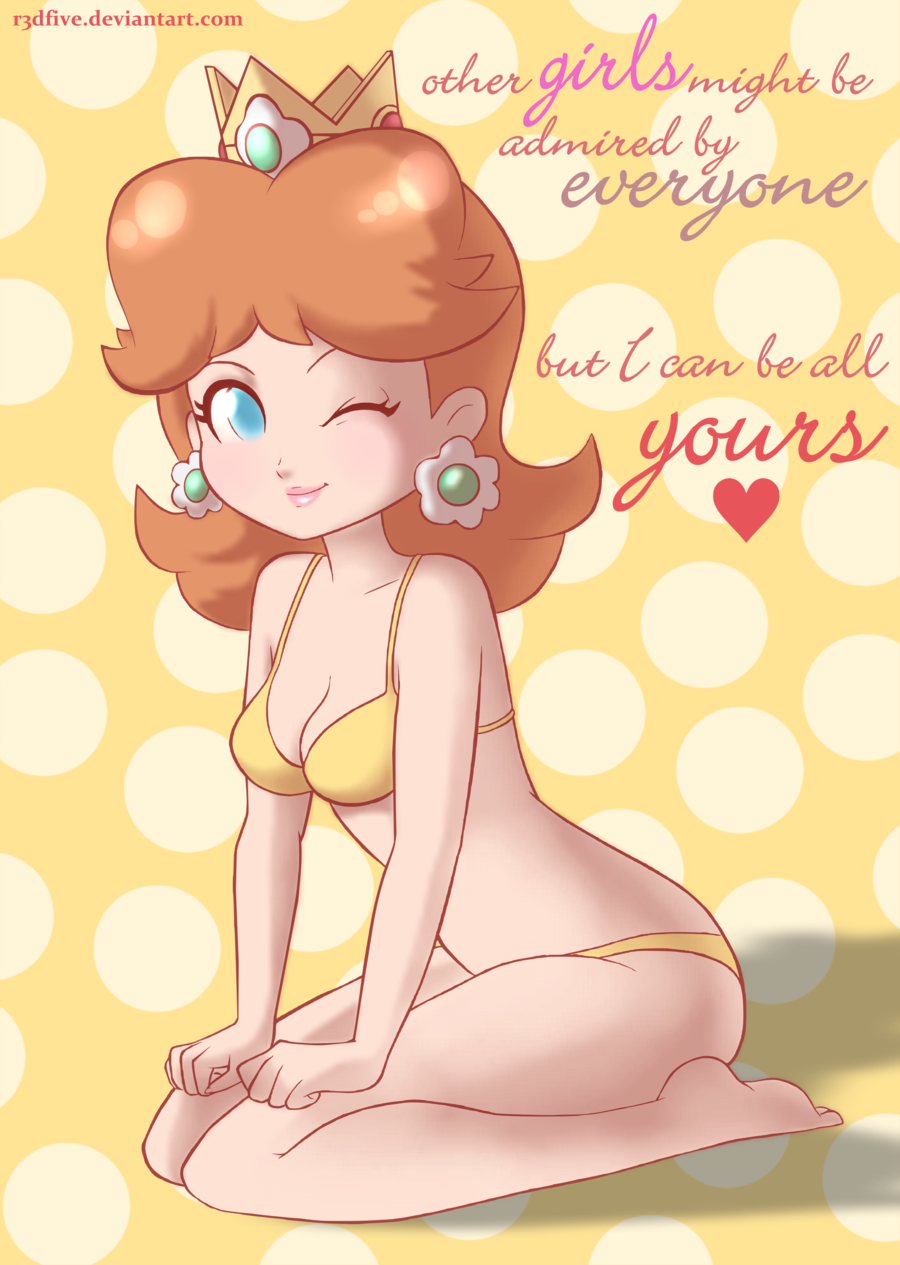 1girl blue_eyes breasts brown_hair cleavage earrings heart jewelry lips looking_at_viewer nintendo one_eye_closed princess_daisy r3dfive super_mario_bros. thick_thighs wink