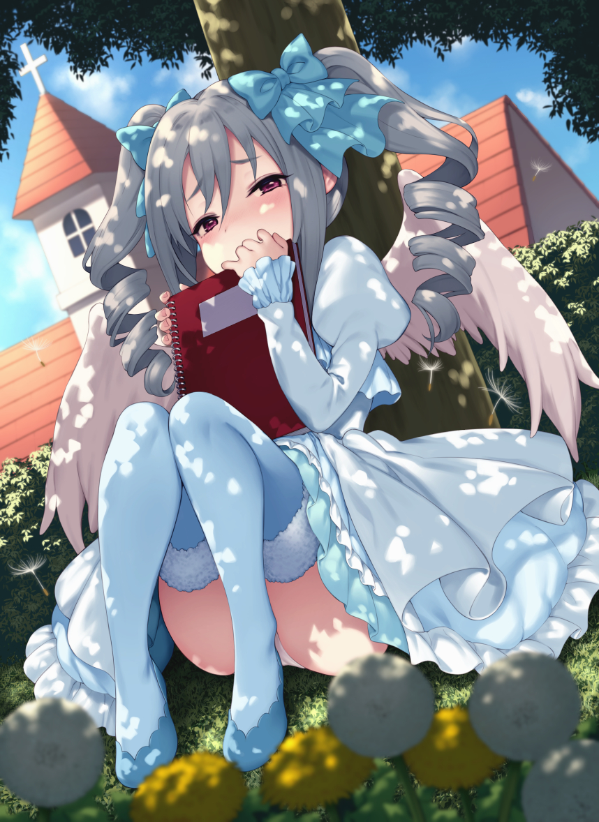 1girl blue_bow blue_legwear blue_sky blush book bow building bush church clouds commentary_request cross day dress drill_hair eyebrows_visible_through_hair feathered_wings flower frilled_dress frilled_sleeves frills fur-trimmed_legwear fur_trim grass hair_between_eyes hair_bow idolmaster idolmaster_cinderella_girls kanzaki_ranko knees_together_feet_apart long_hair long_sleeves looking_at_viewer notebook outdoors panties pantyshot pantyshot_(sitting) pokachu puffy_sleeves red_eyes shade silver_hair sitting sky solo thigh-highs tree twin_drills twintails underwear white_panties white_wings wings