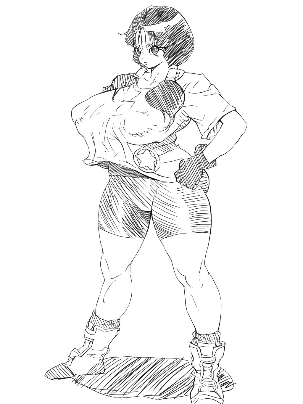 1girl ball blush bonten breasts curvy dragon dragon_ball dragonball_z edited erect_nipples gloves huge_breasts lineart long_hair monochrome sai shorts solo standing thick_thighs twintails videl