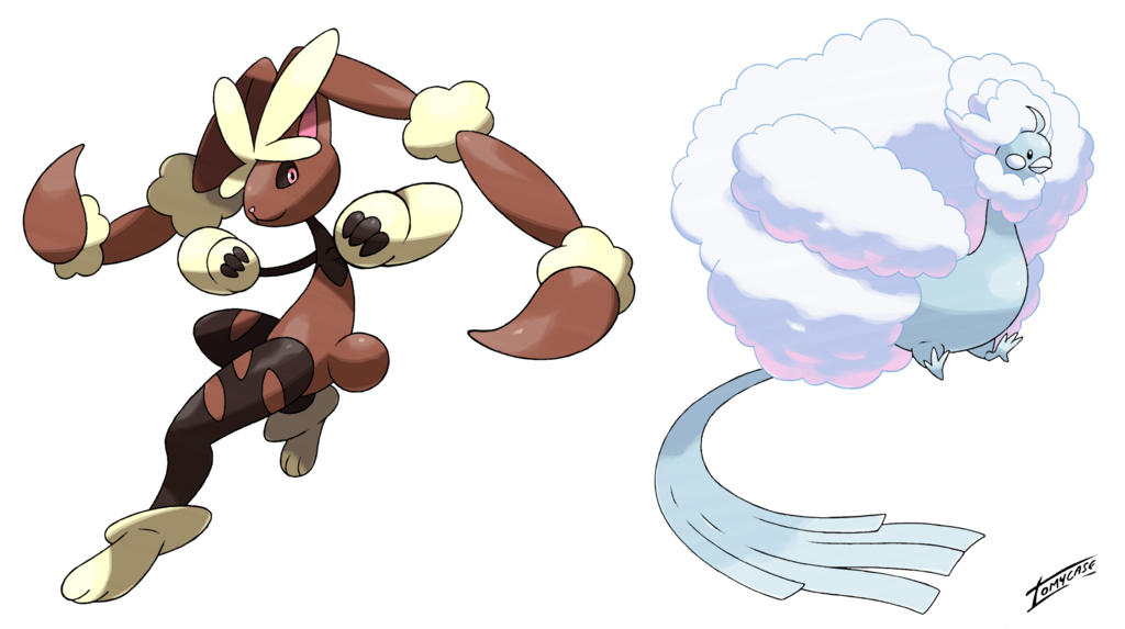 altaria animal_ears fighting_pose lopunny mega_altaria mega_lopunny mega_pokemon no_humans official_style pink_eyes pokemon pokemon_(game) rabbit rabbit_ears simple_background solo tail tomycase white_background