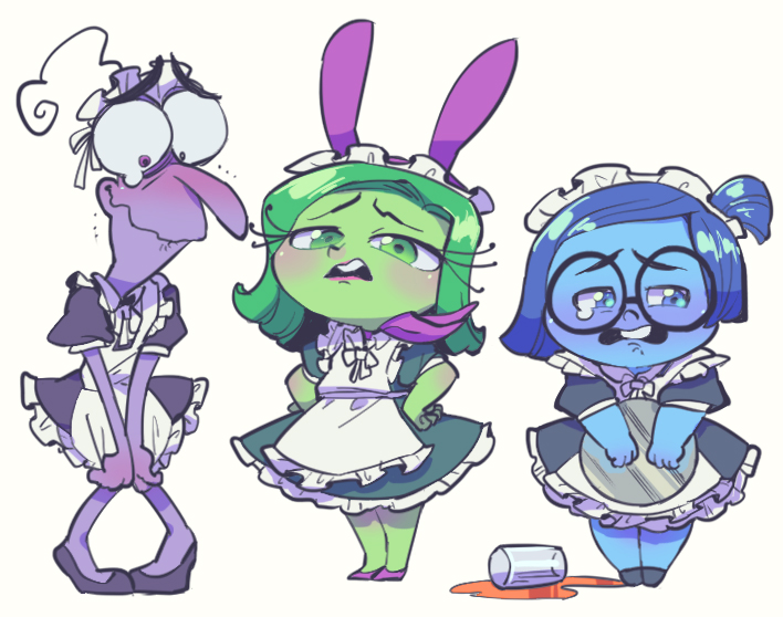 1boy 2girls blue_eyes blue_hair blue_skin blush crossdressinging disgust_(inside_out) fear_(inside_out) glasses green_eyes green_hair green_skin hono1212 inside_out looking_at_viewer maid multiple_girls purple_skin sadness_(inside_out) tears