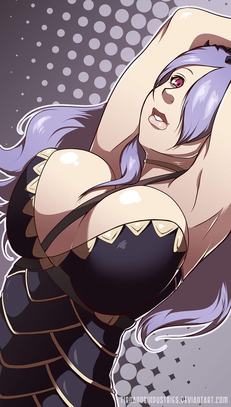 1girl armpits arms_up between_breasts breasts camilla_(fire_emblem_if) choker cleavage female fire_emblem fire_emblem_if francesco_simioni hair_over_one_eye large_breasts lavender_hair long_hair parted_lips solo strap thick_lips upper_body violet_eyes