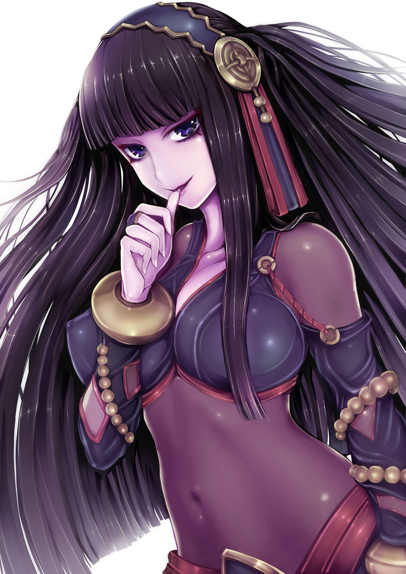 1girl biting black_hair bodystocking breasts bridal_gauntlets covered_navel erect_nipples female fire_emblem fire_emblem_if hair_ornament hairband hime_cut large_breasts long_hair shara_(fire_emblem_if) solo syalla_(fire_emblem_if) teruru upper_body violet_eyes