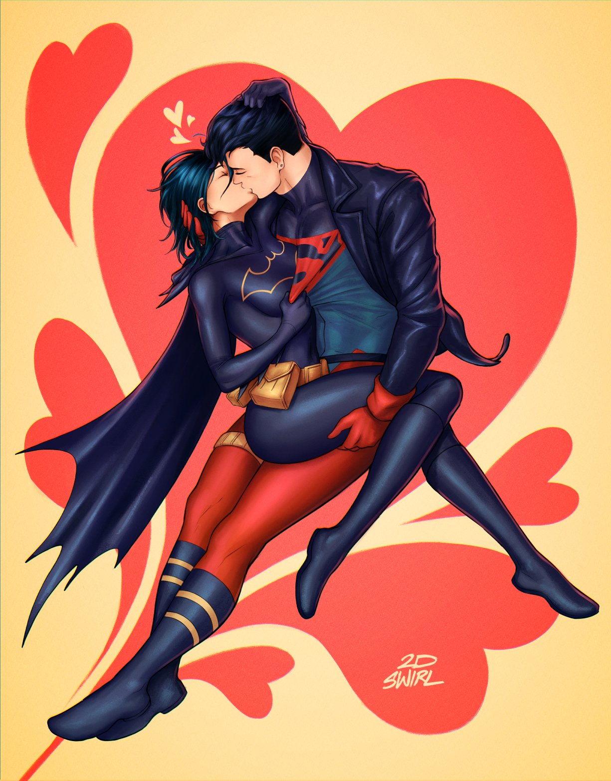 1boy 1girl 2dswirl artist_name batgirl batman_(series) belt black_cape black_hair black_jacket blue_bodysuit bodysuit boots breasts cape cassandra_cain closed_eyes clothes_grab commentary_request commission couple dc_comics earrings english_commentary full_body gloves hand_on_another's_head heart heart_background hetero highres jacket jewelry kiss kon-el open_clothes open_jacket red_bodysuit red_gloves short_hair sitting sitting_on_lap sitting_on_person skin_tight spandex superboy superhero superman_(series) undercut utility_belt