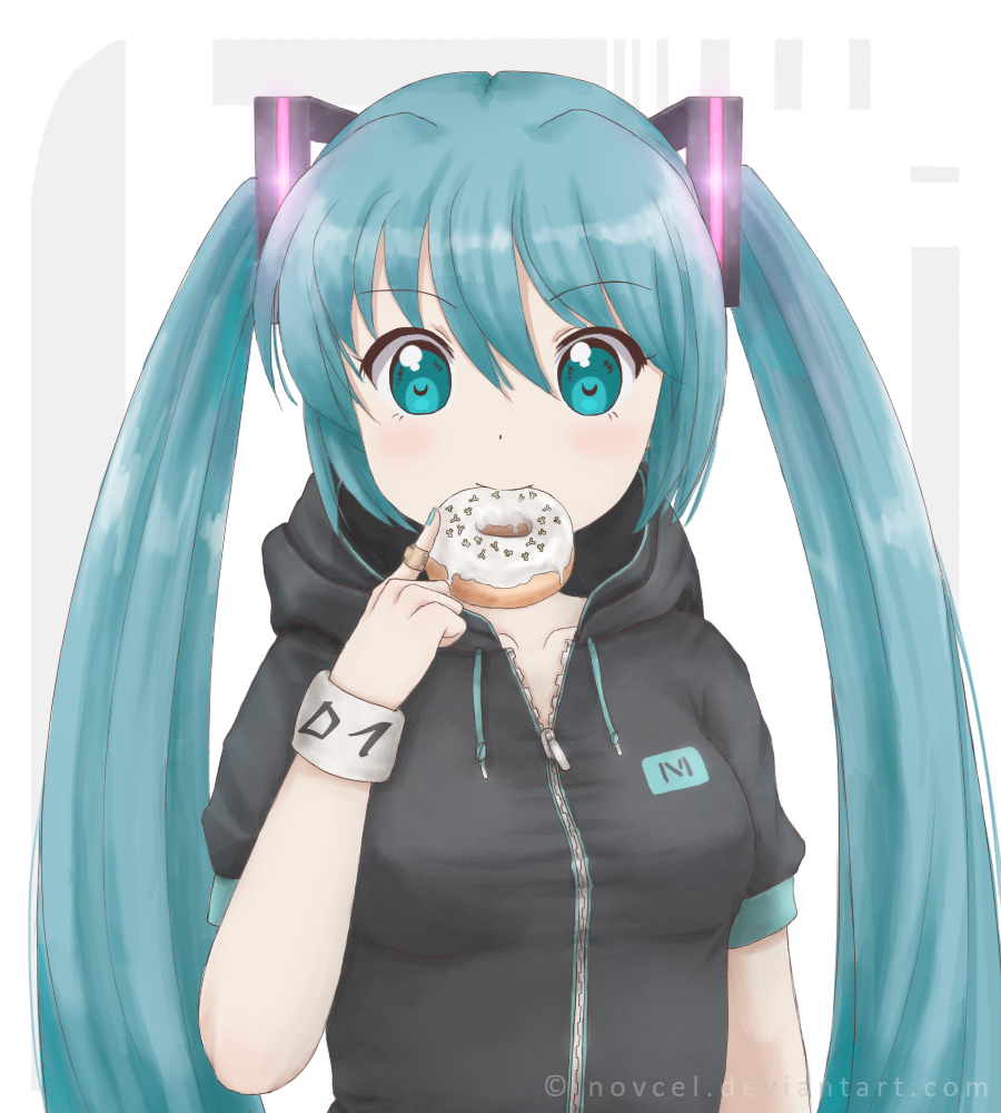 1girl aqua_eyes aqua_hair collarbone doughnut female hair_ornament hatsune_miku hood long_hair looking_at_viewer mouth_hold novcel short_sleeves simple_background smile solo twintails vocaloid white_background