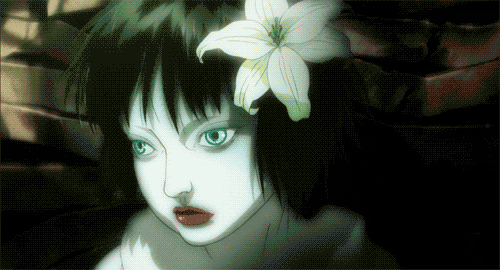 1girl android animated animated_gif bangs black_hair blue_eyes creepy female flower ghost_in_the_shell ghost_in_the_shell:_innocence hair_flower hair_ornament looking_at_viewer machine reaction short_hair solo