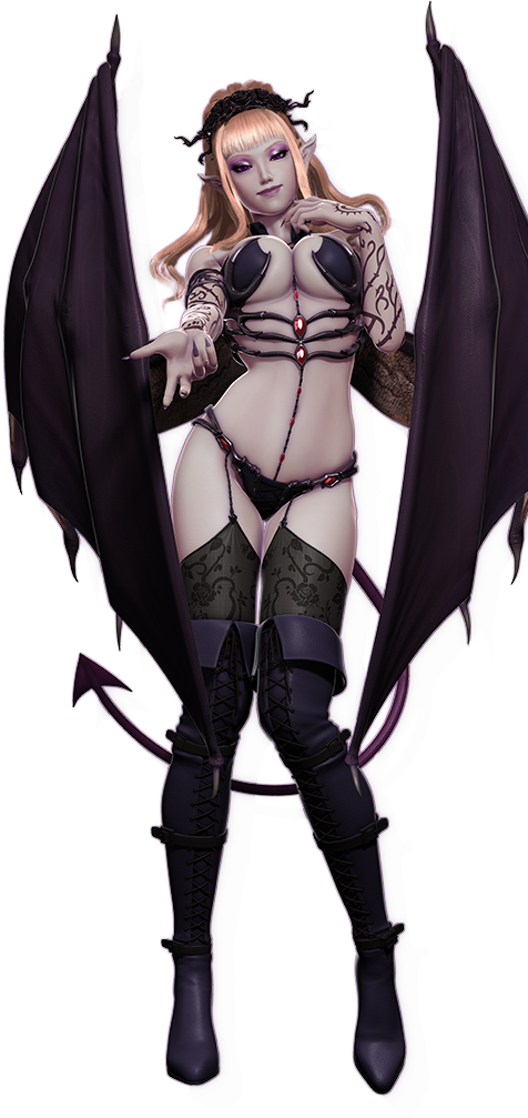 1girl blonde_hair boots breasts castlevania cr_pachinko_akumajō_dracula demon_girl eyeshadow female garters high_heel_boots high_heels hips large_breasts lips lipstick long_boots long_hair make_up makeup pink_lips pointy_ears skimpy solo standing succubus succubus_(castlevania) tail tattoo thigh-highs thong transparent_background wings