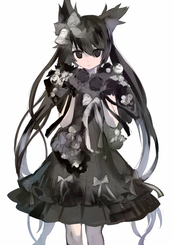 1girl bells black_eyes black_hair black_hole black_hole_(mizushirazu) cloak dress gloves long_hair mizudokei mizushirazu ribbon sketch twintails