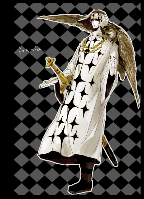 555_(lily_sic) argyle argyle_background bad_id bird bird_on_shoulder falcon male one_piece pell solo sword weapon