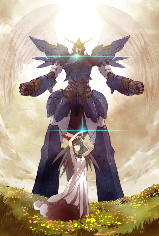 flower grass grey_hair jack_hamster light long_hair mecha original wings