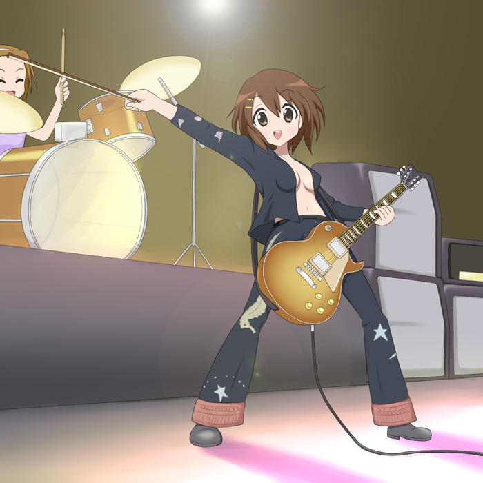 breasts brown_eyes brown_hair cosplay drum drum_set drums guitar hirasawa_yui instrument jimmy_page jimmy_page_(cosplay) k-on! led_zeppelin les_paul multiple_girls open_clothes open_shirt parody pose qwer shirt short_hair tainaka_ritsu violin_bow