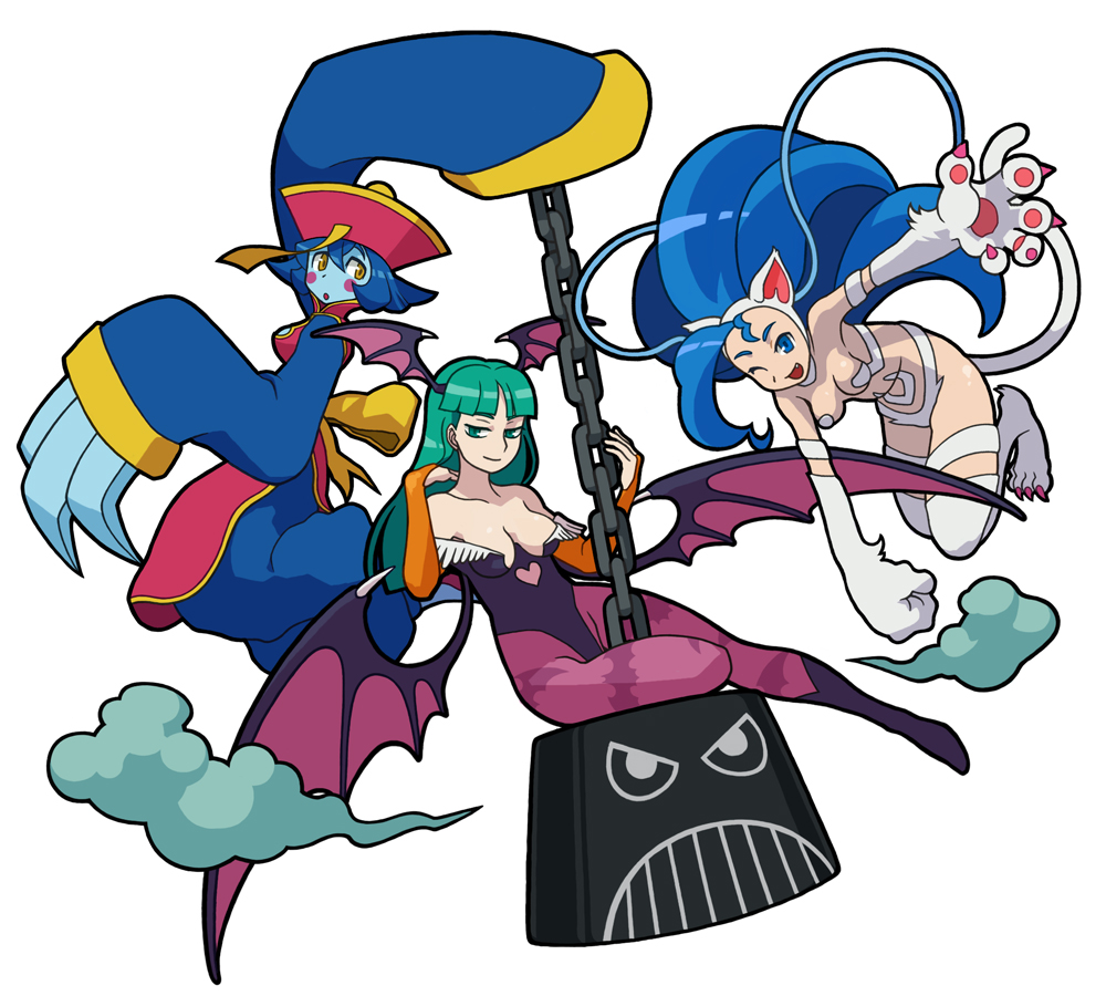 3girls bare_shoulders bat_wings blue_eyes blue_hair blue_skin blush boots breasts capcom cat_ears cat_tail chain chains claws cleavage cleavage_cutout darkstalkers demon_girl detached_sleeves elbow_gloves fang felicia fur geung_si gloves green_eyes green_hair hat head_wings headwings hsien-ko jiangshi lei_lei leotard long_hair morrigan_aensland multiple_girls noumiso pantyhose paws short_hair succubus tail vampire_(game) wings wink yellow_eyes