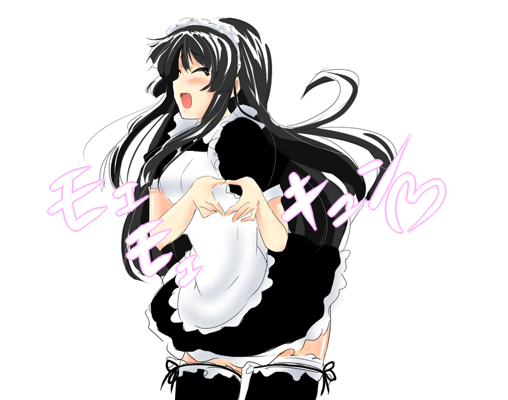 1girl akiyama_mio alternate_costume black_hair closed_eyes enmaided garters heart heart_hands iga_tamaki k-on! long_hair maid maid_headdress moe_moe_kyun! solo thigh-highs thighhighs