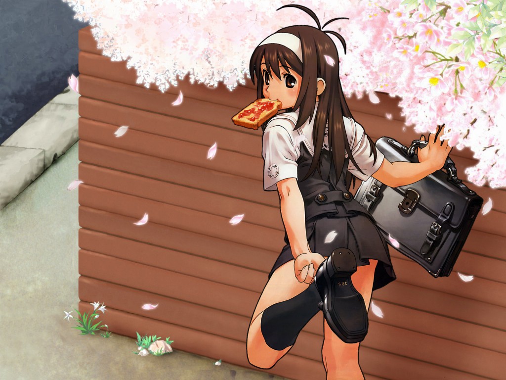 ahoge antenna_hair bag brown_eyes brown_hair cherry_blossoms hairband kneehighs leaning looking_back mouth_hold petals putting_on_shoes school_bag school_uniform socks solo standing_on_one_leg tanaka_kunihiko toast toast_in_mouth wall wallpaper