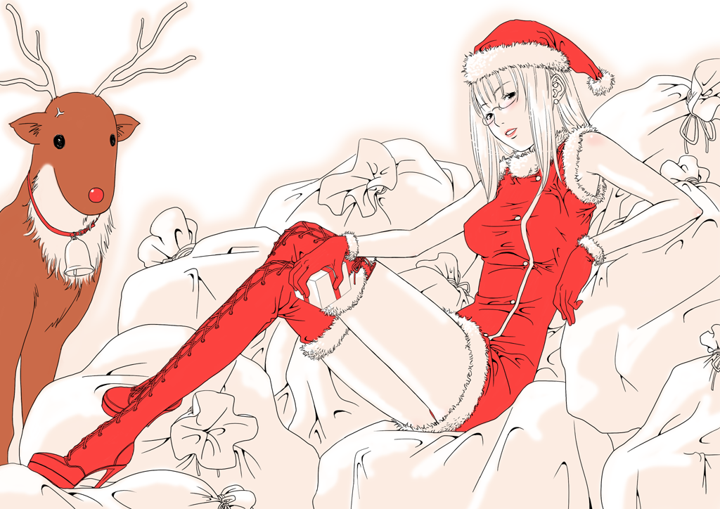 bell christmas glasses gloves gusu original red reindeer spot_color thigh-highs thighhighs