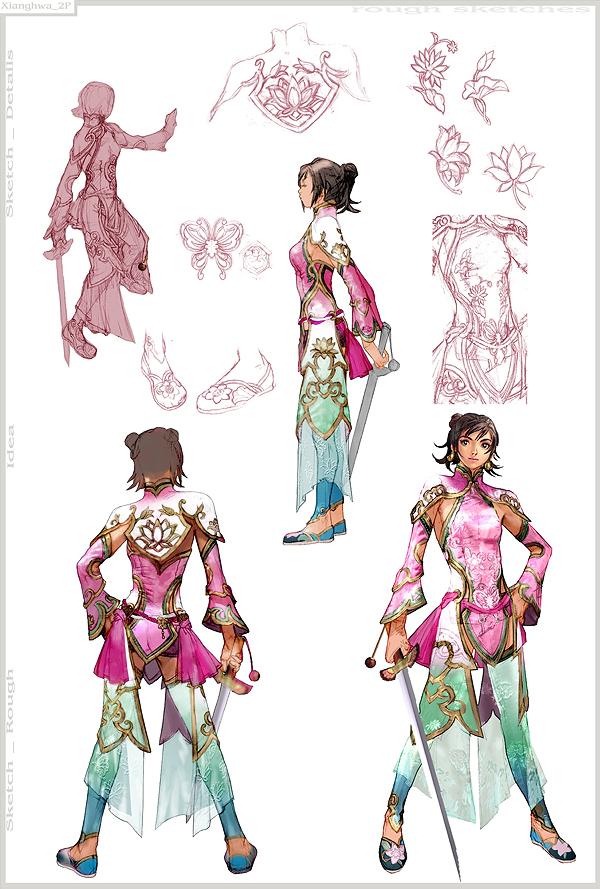 brown_hair chai_xianghua character_sheet chinese_clothes closed_mouth concept_art earrings female from_behind from_side full_body hand_on_hip jewelry multiple_views official_art scan soul_calibur soulcalibur soulcalibur_iv standing sword thigh-highs thighhighs weapon xianghua