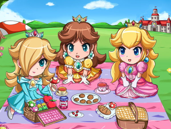 chibi nintendo picnic princess_daisy princess_peach rosalina sigurdhosenfeld sitting super_mario_bros.