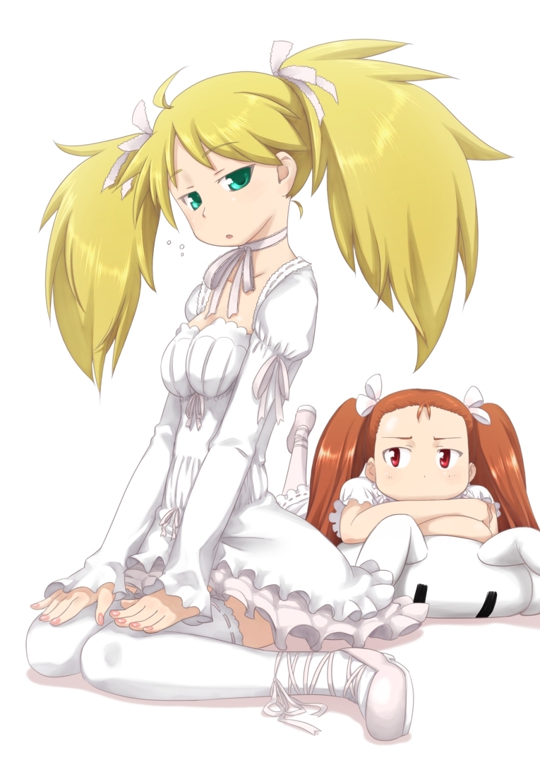 blonde_hair brown_hair dress green_eyes hair_ribbon hoshii_miki idolmaster kneeling long_hair lying minase_iori red_eyes ribbon stuffed_animal stuffed_toy thigh-highs thighhighs ttomm twintails white_legwear white_thighhighs