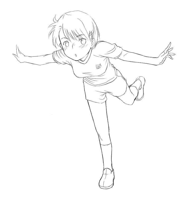 babynine balance balancing blush minato_fumi monochrome outstretched_arms short_hair shorts sportswear spread_arms standing_on_one_leg