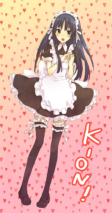 1girl akiyama_mio alternate_costume bad_id black_eyes black_hair enmaided garters k-on! long_hair maid maid_headdress mary_janes shoes solo tayako thigh-highs thighhighs