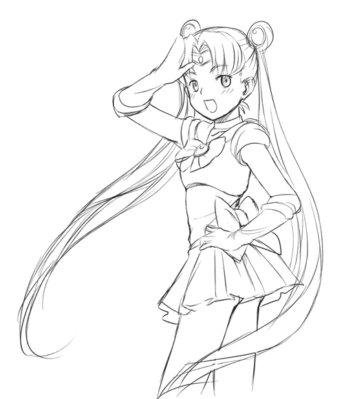 babynine bishoujo_senshi_sailor_moon blush choker circlet double_bun elbow_gloves gloves long_hair looking_back magical_girl minato_fumi monochrome pose sailor_moon skirt solo tiara tsukino_usagi twintails