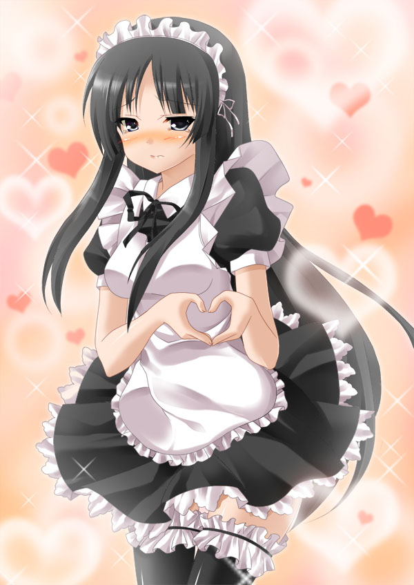 1girl akiyama_mio alternate_costume bangs black_eyes black_hair blunt_bangs blush enmaided garters heart heart_hands hime_cut k-on! long_hair maid maid_cap maid_headdress mitsuki moe_moe_kyun! solo thigh-highs thighhighs