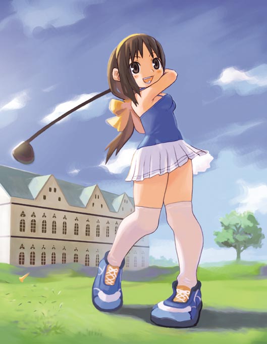 1girl brown_eyes brown_hair golf golf_club hairband long_hair nomura_ryouji open_mouth skirt solo thigh-highs