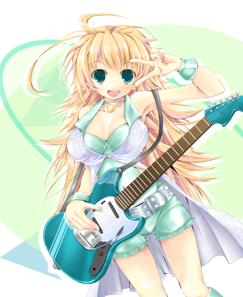 belt blonde_hair breasts cleavage cool_&amp;_sexy_(idolmaster) green_eyes guitar hoshii_miki huge_breasts idolmaster instrument kudou_takashi kuon_itsuki long_hair shorts solo v v_over_eye