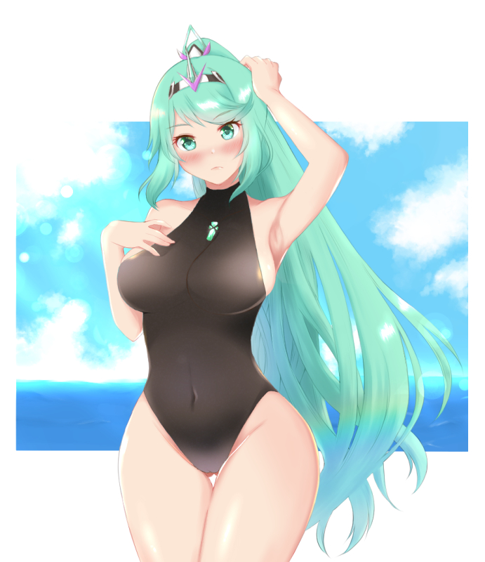 1girl adjusting_hair alternate_costume armpits bangs blush breasts closed_mouth clouds covered_navel gem green_eyes green_hair hair_ornament headpiece jewelry large_breasts leotard long_hair musubi_moni nintendo ocean one-piece_swimsuit pneuma_(xenoblade) ponytail pose shy sky smile solo standing swept_bangs swimsuit thighs tiara very_long_hair white_background xenoblade_chronicles_(series) xenoblade_chronicles_2
