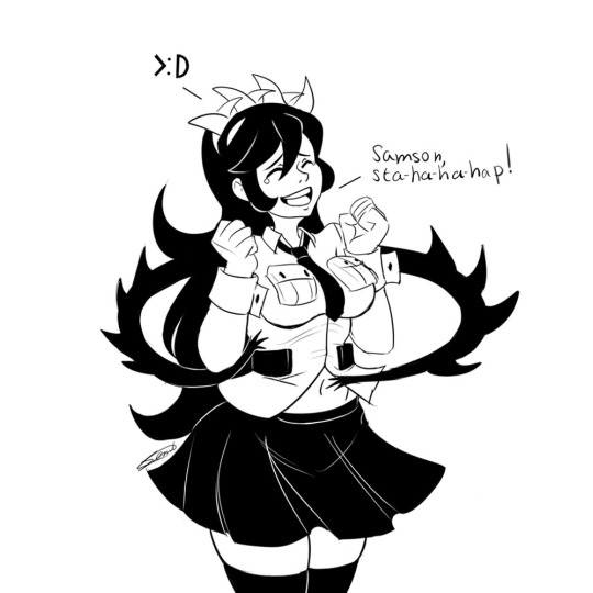 1girl english filia_(skullgirls) laughing long_hair monochrome navel necktie open_mouth prehensile_hair samson_(skullgirls) simple_background skirt skullgirls solo tagme thigh-highs tickling