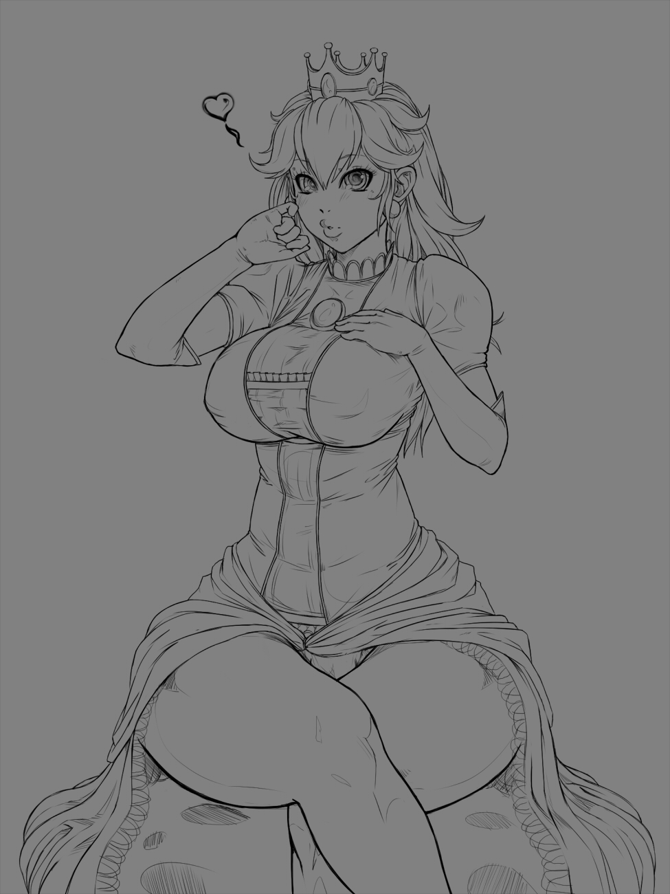 &lt;3 1girl artist_request blush breasts crown curvy dress elbow_gloves erect_nipples female gloves large_breasts legs_crossed lips long_hair looking_at_viewer super_mario_bros. monochrome parted_lips princess_peach puckered_lips sitting solo super_mario_bros. thick_thighs uthstar01 wide_hips