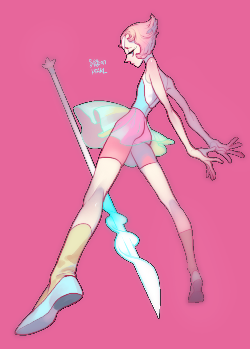 1girl ass brown_hair forehead_jewel from_behind looking_back pale_skin pearl_(steven_universe) pigeon666 pose simple_background socks solo spear steven_universe