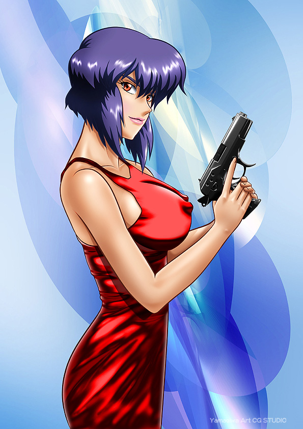 1girl artist_request breasts dress female ghost_in_the_shell gradient gradient_background kusanagi_motoko large_breasts looking_at_viewer nipples no_bra purple_hair short_hair smile solo weapon