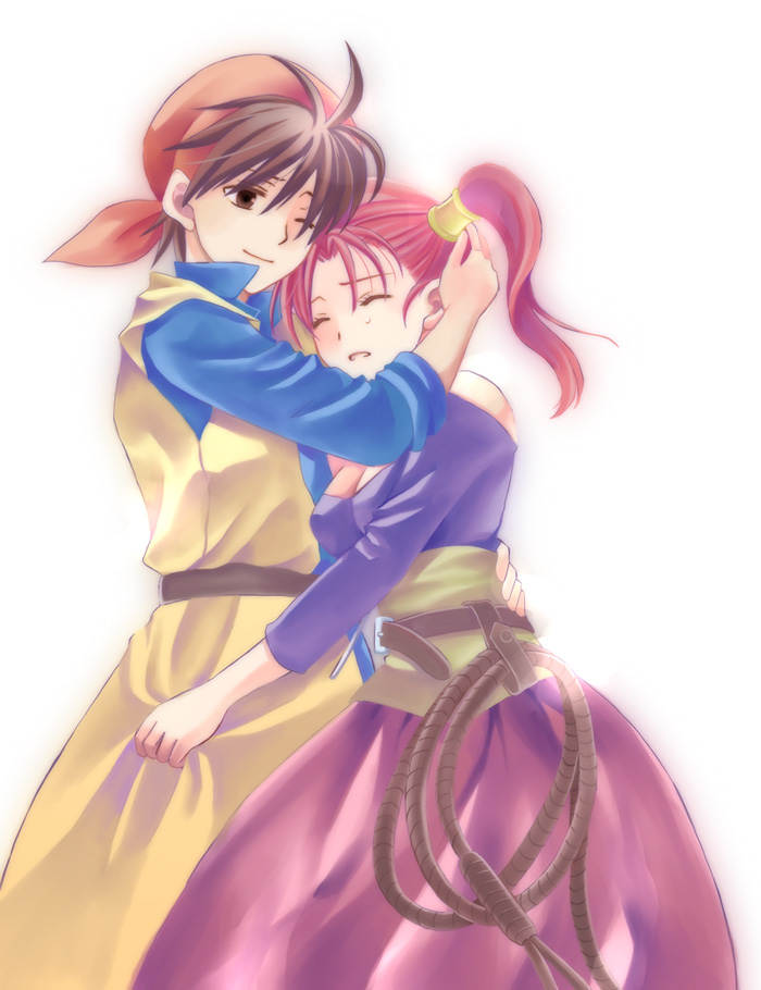 1boy 1girl artist_request bandanna brown_hair couple dragon_quest dragon_quest_viii gradient gradient_background hero_(dq8) hug jessica_albert twintails whip