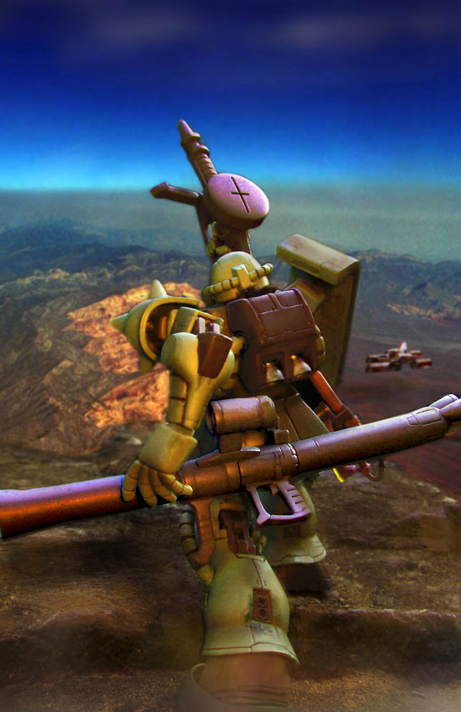 gun gundam mecha mobile_suit_gundam rocket_launcher sky unsui_(ohana_0516) weapon white_base zaku zaku_ii